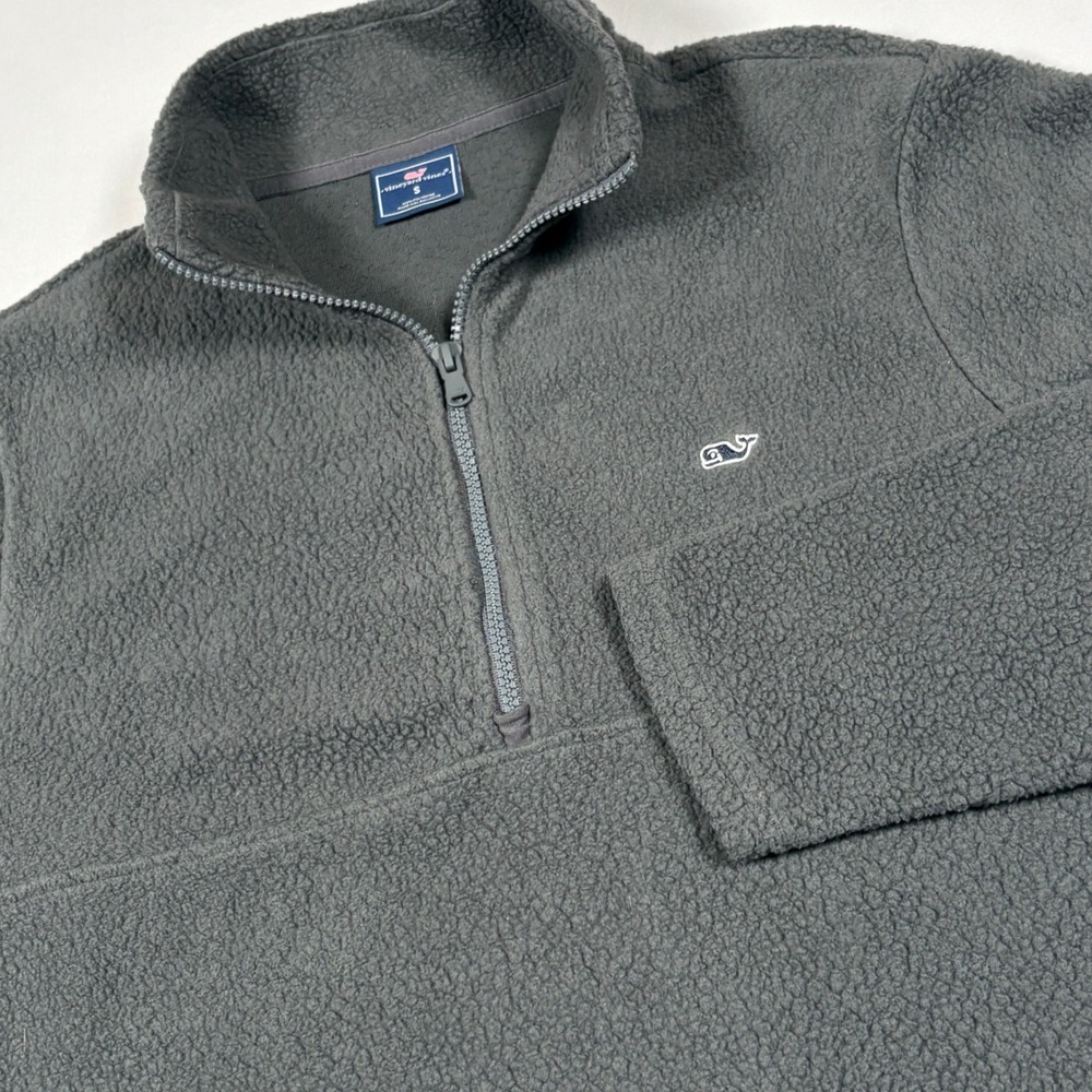 Vineyard Vines Mens Charcoal Gray Sherpa Fleece Quarter Zip Pullover Whale Small
